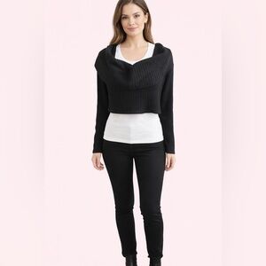 Sympli Off-the-Shoulder Black Cowl Waffle Knit Sweater Size 4